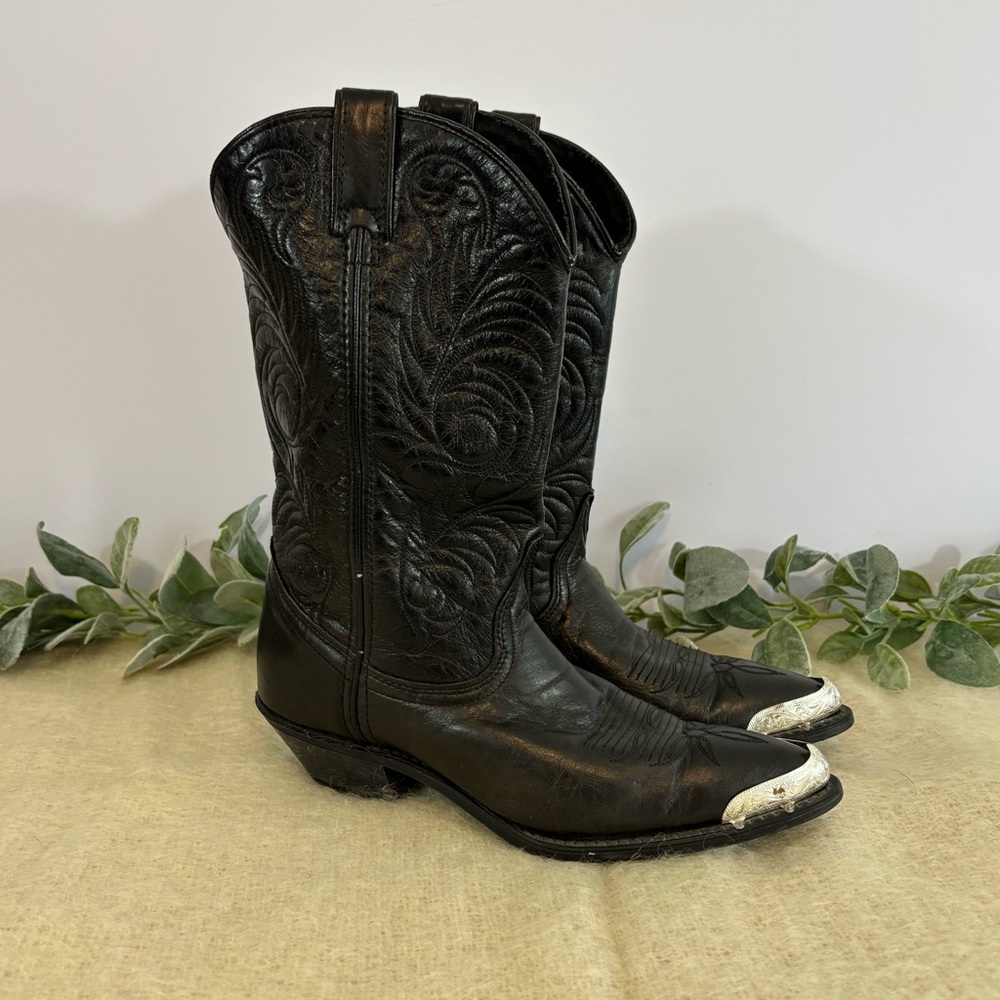 ACME black leather Cowgirl boots for women size 6.5 M silver toe tips